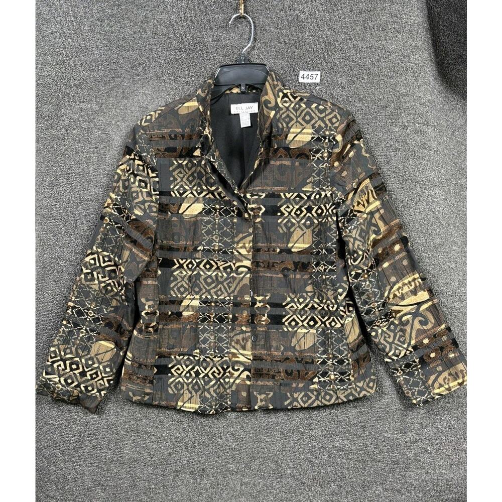 Ell Jay Jacket Womens Medium Black Gold Brown Abstract Pattern Button Up Canada